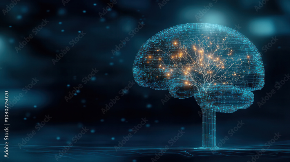 Poster digital representation of brain with glowing connections, symbolizing intelligence and technology. i