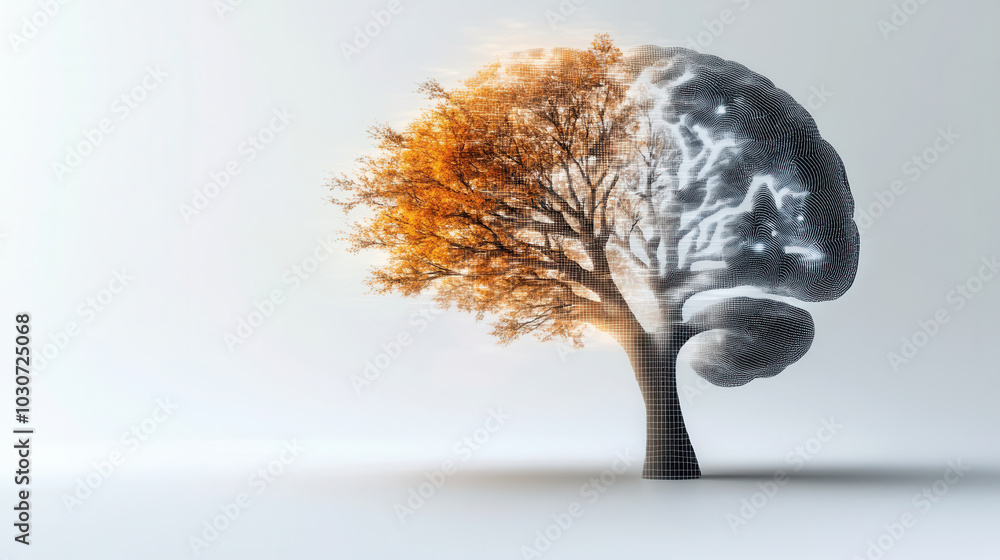 Poster pixelated brain transforming into tree, symbolizing growth and creativity. blend of nature and intel