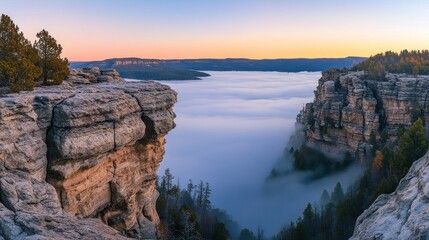 Fototapeta premium A panoramic view of a valley shrouded in mist at sunrise, with rugged rock formations on either side.