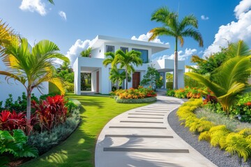 Fototapeta premium Front yard with white walls, green lawns, winding paths to white villas, and tropical plants in bright sunshine.