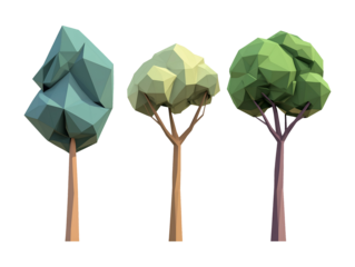 Stylized low-poly polygon tree isolated on transparent or white background, png