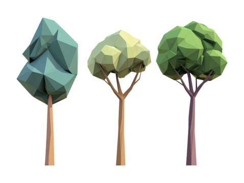 Stylized low-poly polygon tree isolated on transparent or white background, png