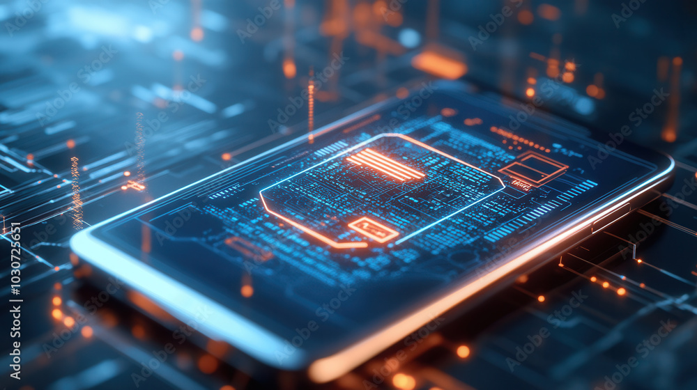 Poster smartphone with glowing layers of security shield, showcasing advanced technology and digital circui