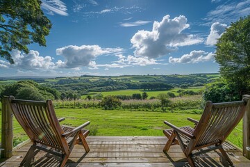 Deck view over lush green fields and orchards, wooden furniture on open-air terrace in Cornwall.
