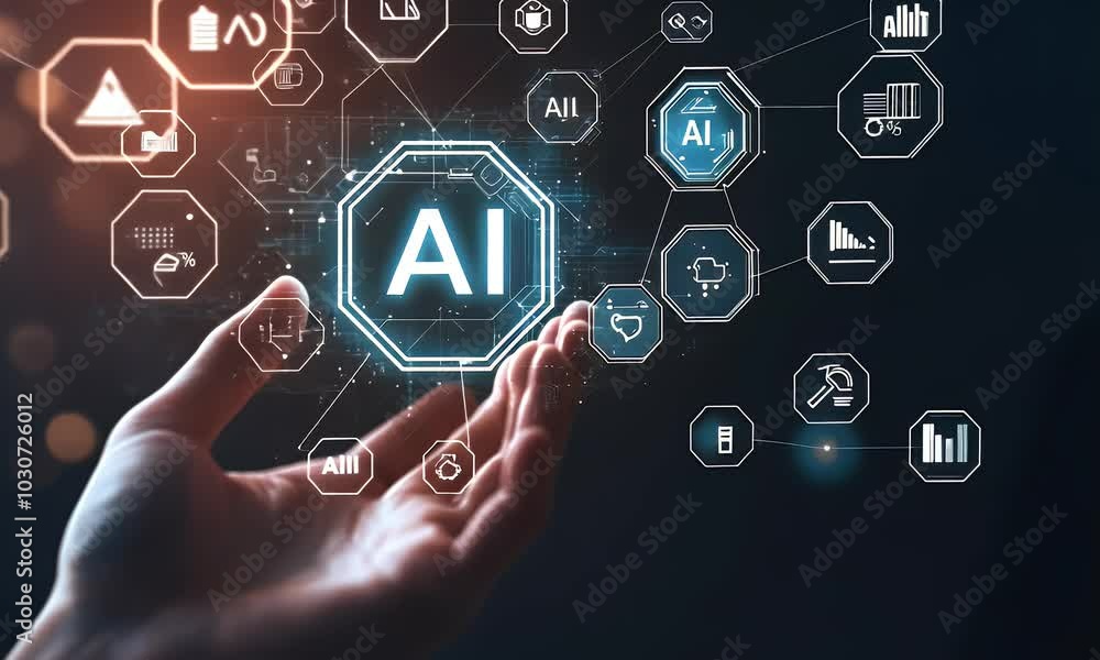 Aufkleber digital hand holding a tablet with glowing text ai on a dark background, a digital technology concep