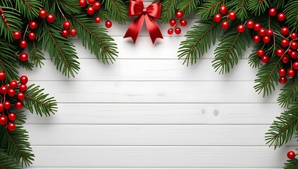 evergreen branches frame christmas holiday decor red berries wood background adding festive copy space scene