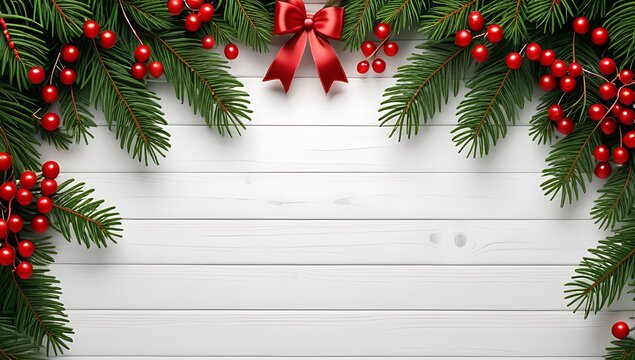 evergreen branches frame christmas holiday decor red berries wood background adding festive copy space scene