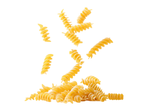 Flying falling fusilli pasta isolated on transparent or white background png