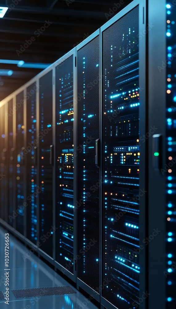 Poster modern data center with rows of server racks and network equipment, illuminated by blue led lights.