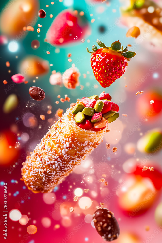 Poster delightful tiny clairs filled with an array of toppings hover in mid-air, surrounded by vibrant frui