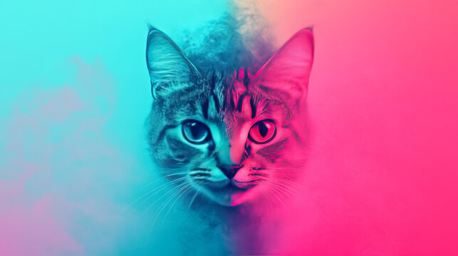 A close-up of a tabby cat with one blue eye and one red eye, split by a blue and pink background.