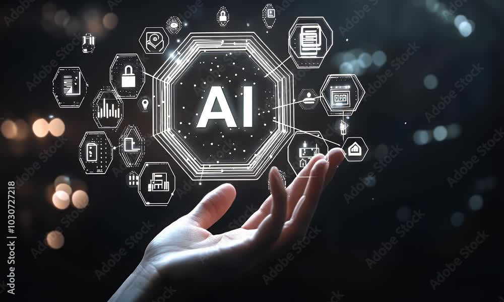 Aufkleber digital hand holding a tablet with glowing text ai on a dark background, a digital technology concep