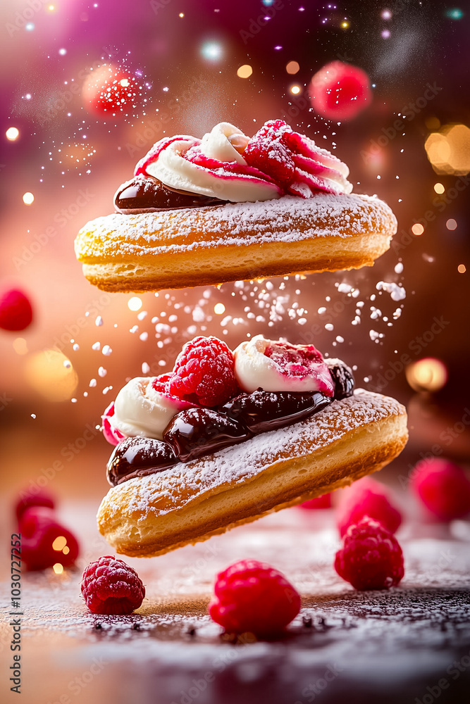 Poster delicious mini clairs topped with colorful frosting and fresh raspberries appear to float, creating 