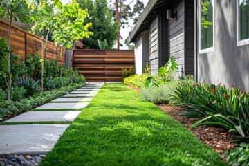 Fototapeta premium Charming Front Yard with Green Grass, Grey Walls, and Brown Wooden Fence - Low Angle Side View