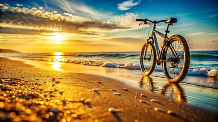 Fototapeta premium Low Angle Mountain Biking on Sandy Beach - Adventure Travel and Healthy Lifestyle Concept