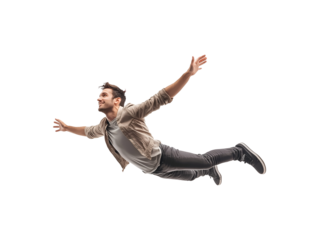 Man floating in mid-air isolated on transparent or white background, png