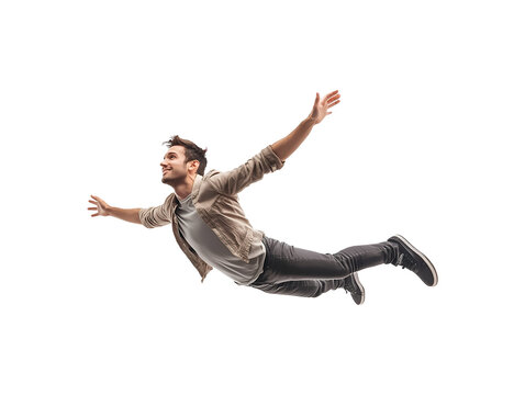 Man floating in mid-air isolated on transparent or white background, png