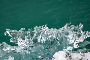 Close up of Glacier Ice adrift in the ocean. Showcases a beautiful wild organic silhouette. Includes expressive shapes, reflections, and varying translucency.