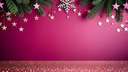 pink christmas backdrop fir branches glitter confetti stars festive holiday design concept xmas