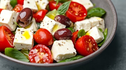A close-up of a fresh Greek salad with feta cheese, cherry tomatoes, olives, and basil leaves.