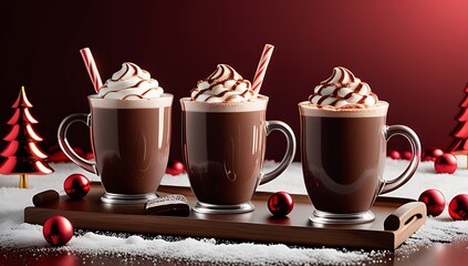 rich hot chocolate festive winter scene red cups sweet treats