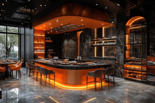 Modern restaurant kitchen interior design with orange led lighting