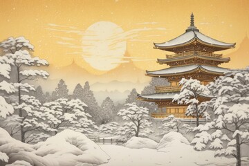 The exterior of a winter covered yellow japanese temple in the snow architecture tradition building.