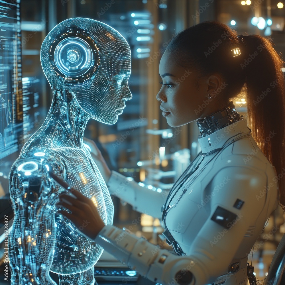Poster engineer modifies digital humanoid ai construct.
