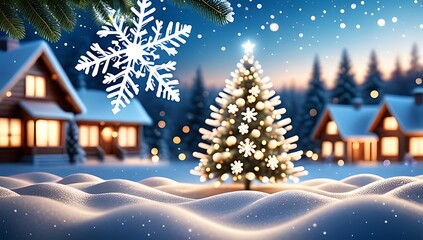 Obraz premium snowflakes fall gently around christmas tree blurred bokeh festive holiday banner background winter wonderland scenery