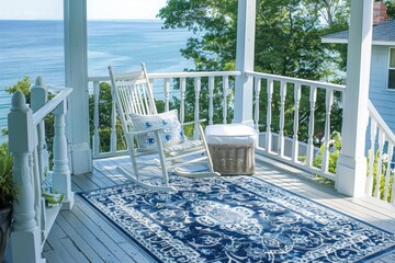 White wicker rocking chair on coastal home porch with blue and cream nautical runner rug, overlooking the water.