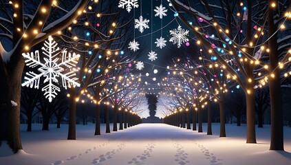 snowflakes gently fall darkened trees wrapped sparkling lights colorful decorations creating cozy festive holiday ambiance outdoors