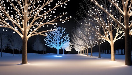 snowflakes gently fall darkened trees wrapped sparkling lights colorful decorations creating cozy festive holiday ambiance outdoors