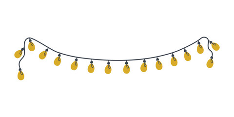 Garland with yellow light bulbs. National Christmas lights day. Cute holiday element. Flat design hand drawn vector illustration.
