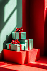 Obraz premium Elegant Christmas presents in sunlight on red and green background