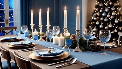 soft blue hues candlelight create festive atmosphere adorned ornaments elegant touches christmas table setting tonight
