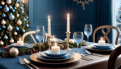 soft blue hues candlelight create festive atmosphere adorned ornaments elegant touches christmas table setting tonight