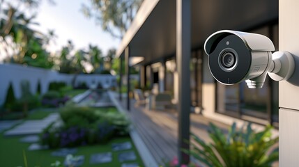 A modern outdoor security camera captures the beauty of a well-designed garden in bright daylight, showcasing a contemporary approach to home safety and monitoring.