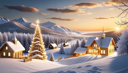 Naklejka premium vibrant golden hues adorn serene winter landscape stunning panoramic view christmas