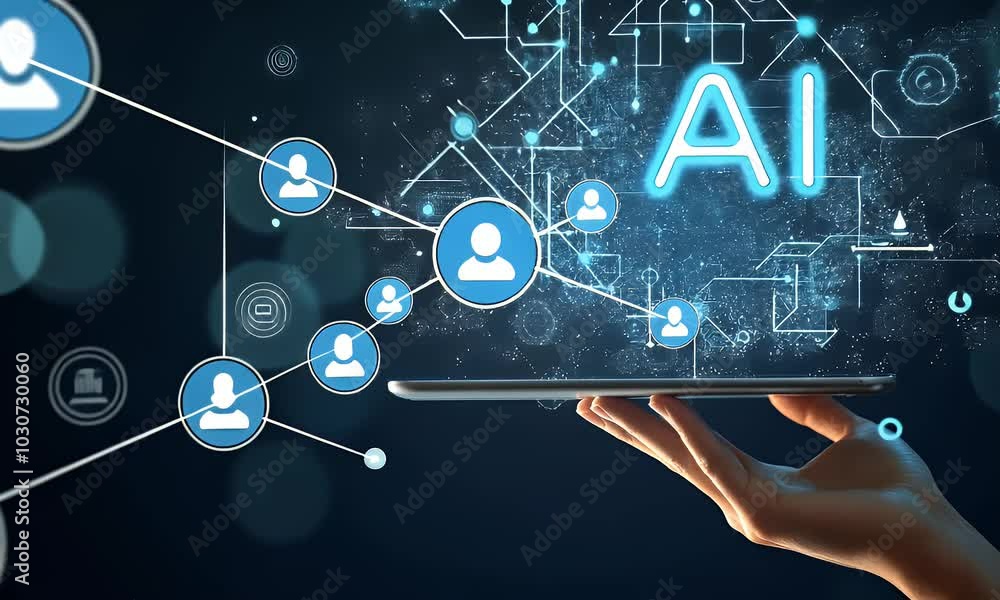 Aufkleber digital hand holding a tablet with glowing text ai on a dark background, a digital technology concep