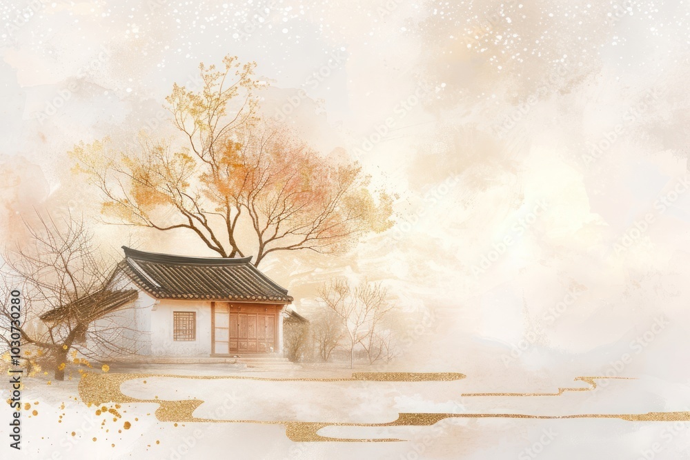 Poster Chinese house with tree architecture building outdoors.