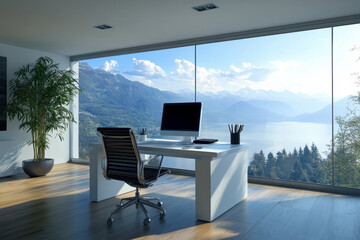 Fototapeta premium modern home office, a modern home office with a sleek white desk, complemented by chic black chairs and a large window with a view