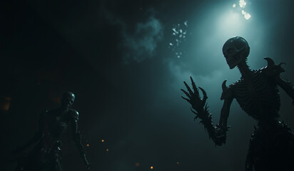 Obraz premium a man looking at a robot with fireworks in the background.