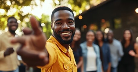 Fototapeta premium Man reaching out with a friendly smile at a gathering