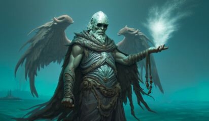 Fototapeta premium a man with a beard and wings is holding a broom and a feather.