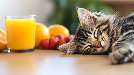 Cozy Kitchen Scene with Relaxed Kitten and Fresh Fruits - Sunlit Table with Orange Juice Creating a Calm and Inviting Atmosphere