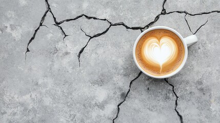 Coffee cup with heart-shaped latte art on a cracked concrete surface.