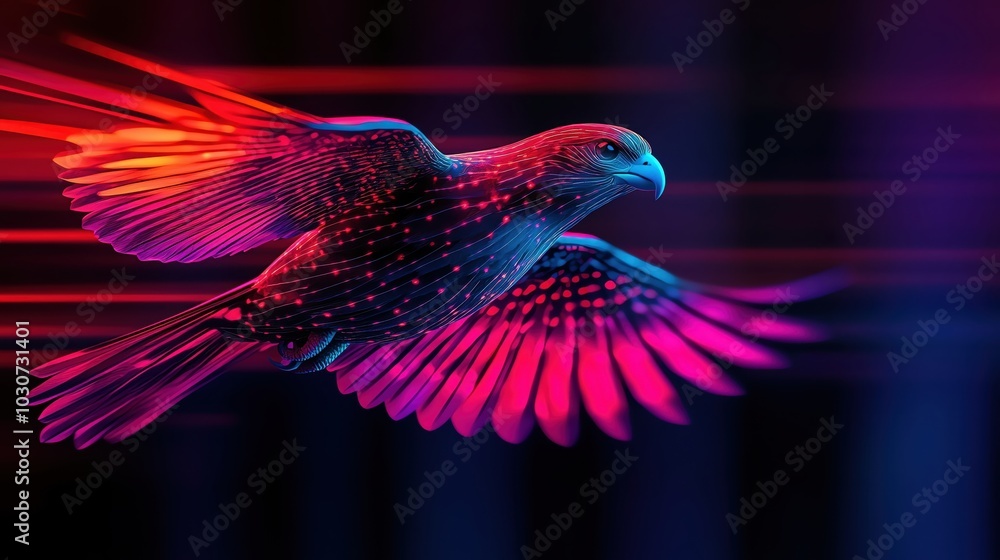 Poster colorful abstract representation of a bird in flight with light effects.
