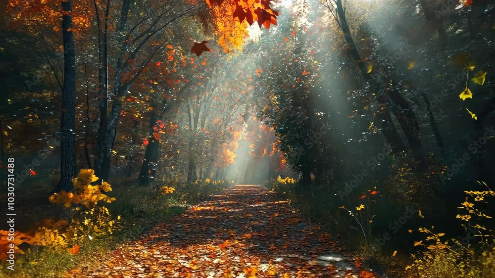 Aufkleber a path winds through an autumn forest, sunlight filtering through the trees