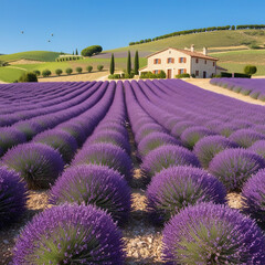 Endless rows of blooming lavender stretch across rolling hills under a bright blue sky
