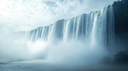 Fototapeta premium Iguazu Falls, water cascading down, with space for text in the misty background